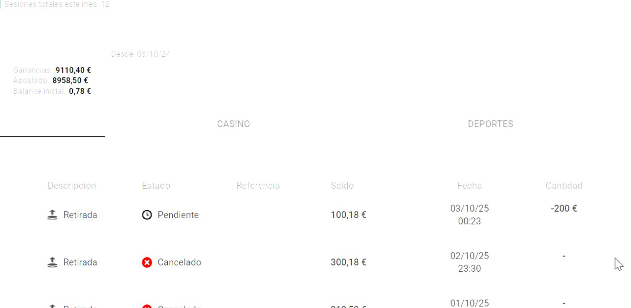 Privacy-cropped LeoVegas account history from October 2025 showing the older tabbed layout and withdrawal statuses