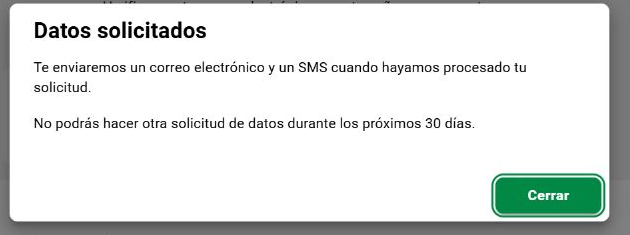 Privacy-cropped LeoVegas confirmation in Spanish saying the account data request was submitted