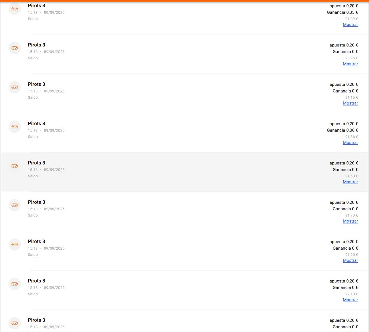 LeoVegas account history showing repeated Pirots 3 rounds on 9 September 2026
