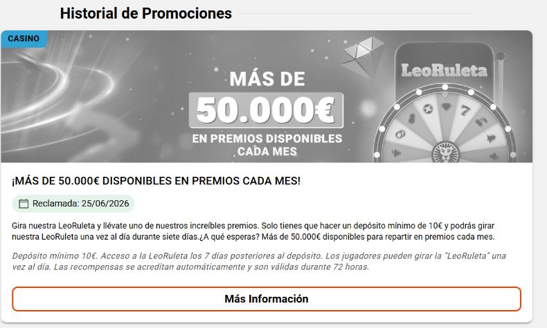 LeoVegas LeoRuleta promotion history card claimed on 25 June 2026 with its historical conditions