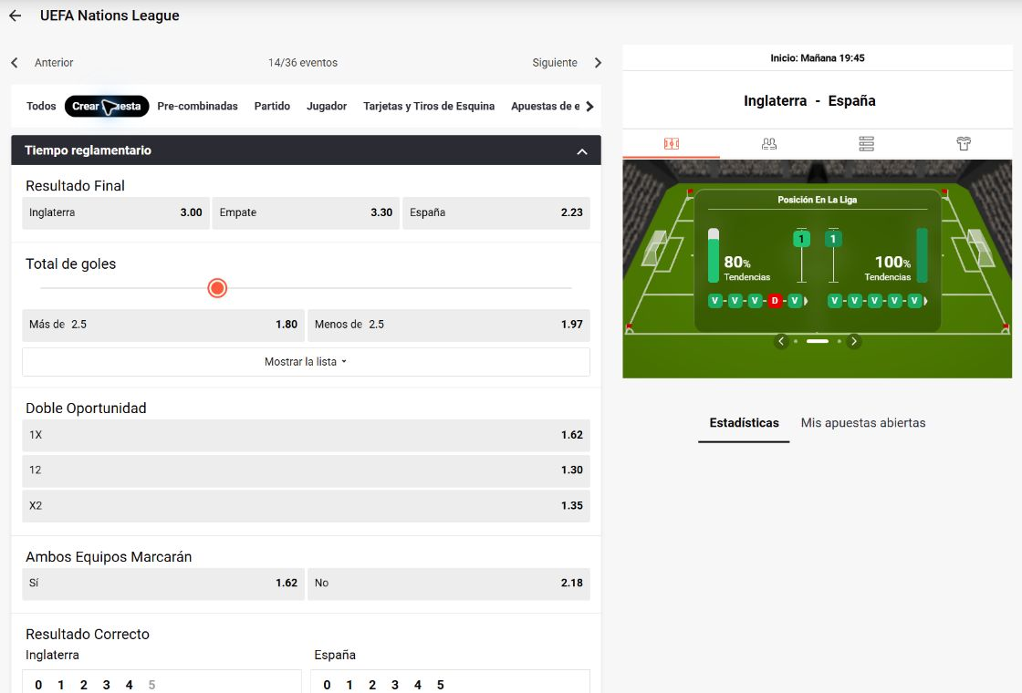 LeoVegas football Bet Builder tab open with match-result and goal markets.