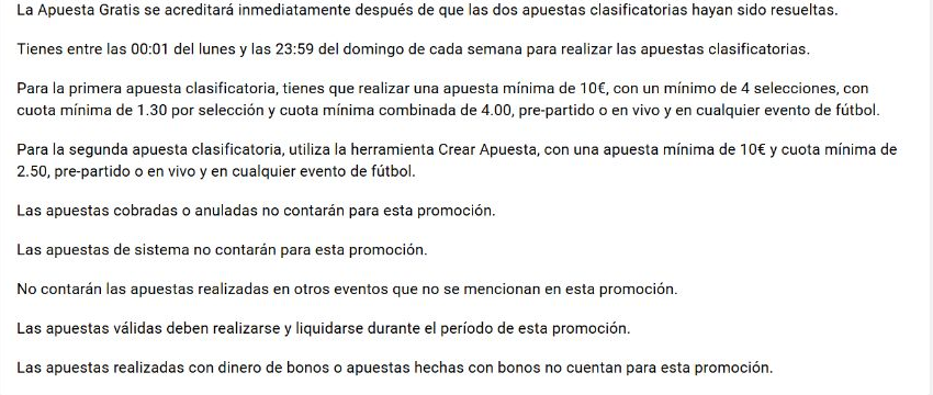 Football offer rules showing a four-selection accumulator, Bet Builder and exclusions for cashout or voided bets.