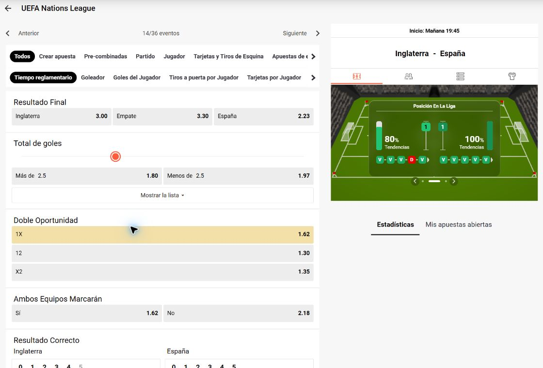 England–Spain event showing match-result prices of 3.00, 3.30 and 2.23 alongside additional markets.