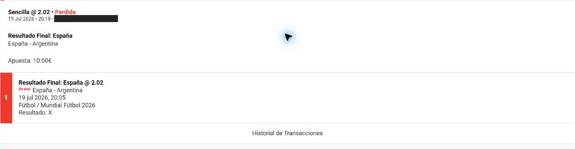 Spain–Argentina match-result bet at 2.02 with €10 staked, lost status and displayed result X.