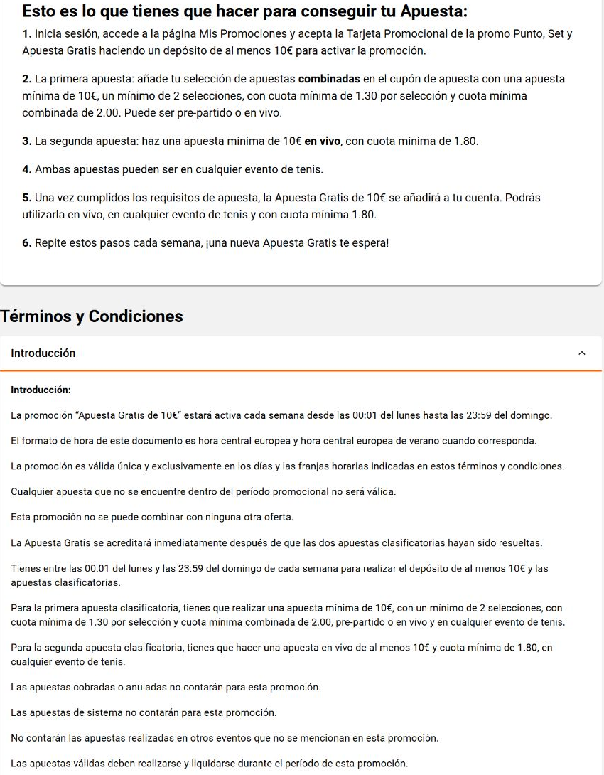 Spanish weekly tennis offer showing two qualifying bets and the stated weekly conditions.