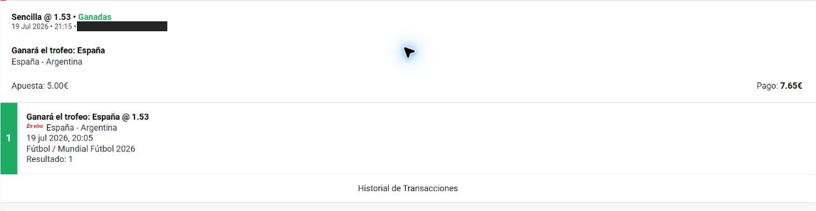 Spain–Argentina trophy-winner bet at 1.53 showing €5 stake and €7.65 payment.