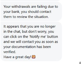 Redacted LeoVegas live chat excerpt saying withdrawals were failing due to the bank and documentation was verified