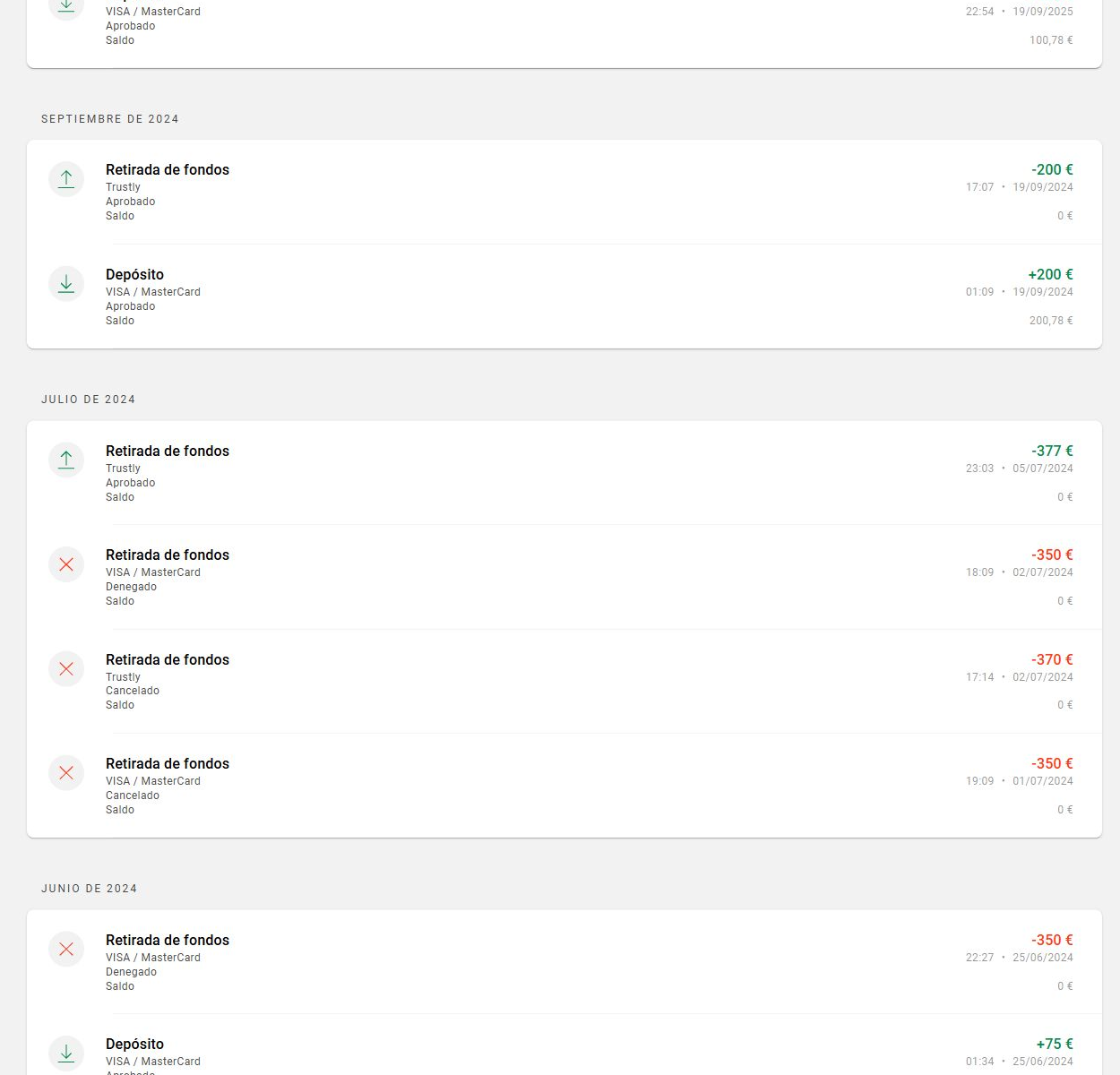 LeoVegas payment history with approved Trustly withdrawals and cancelled or denied card and Trustly attempts in 2024