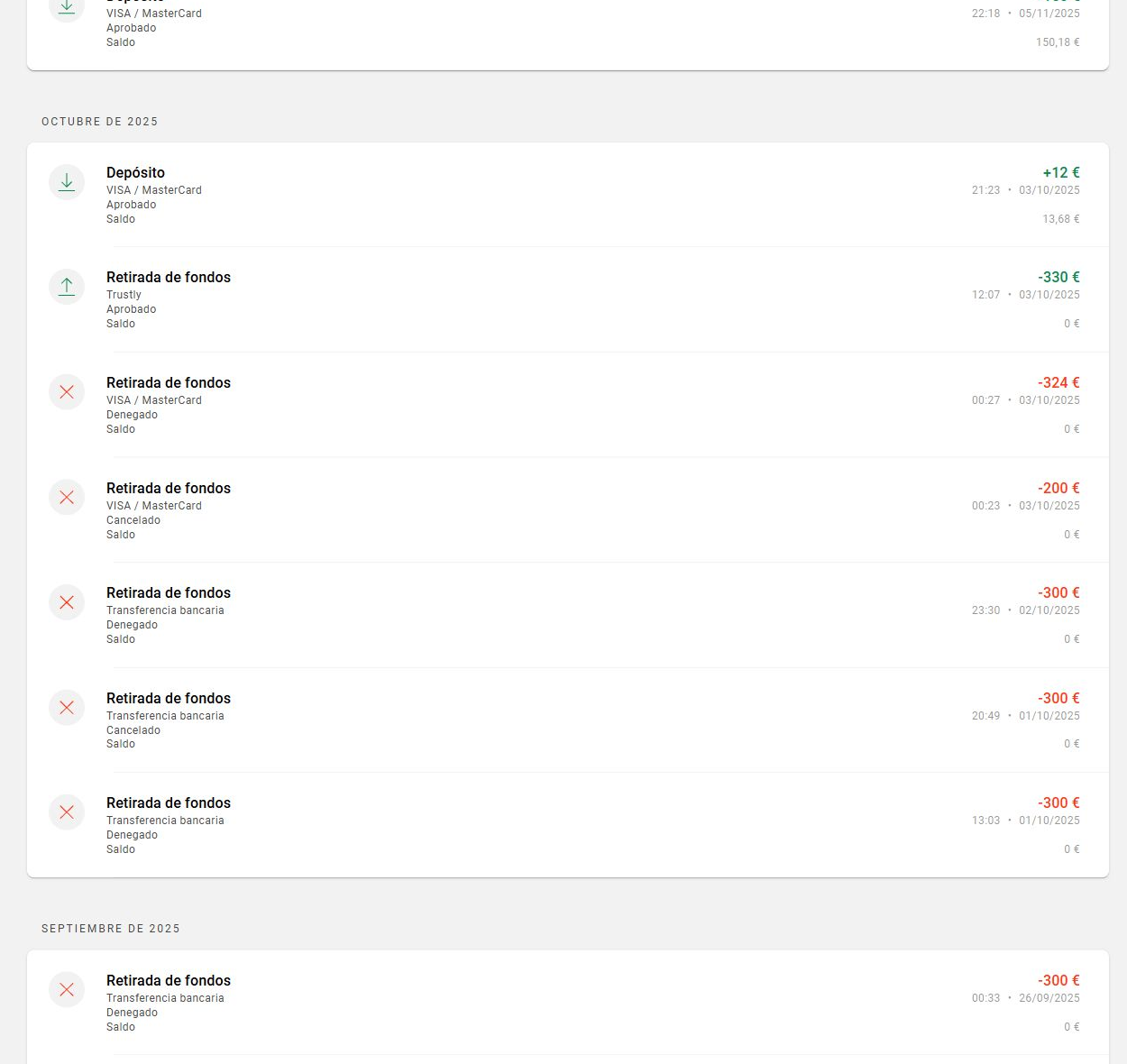 October 2025 LeoVegas payment history showing denied and cancelled bank and card withdrawals followed by an approved Trustly withdrawal